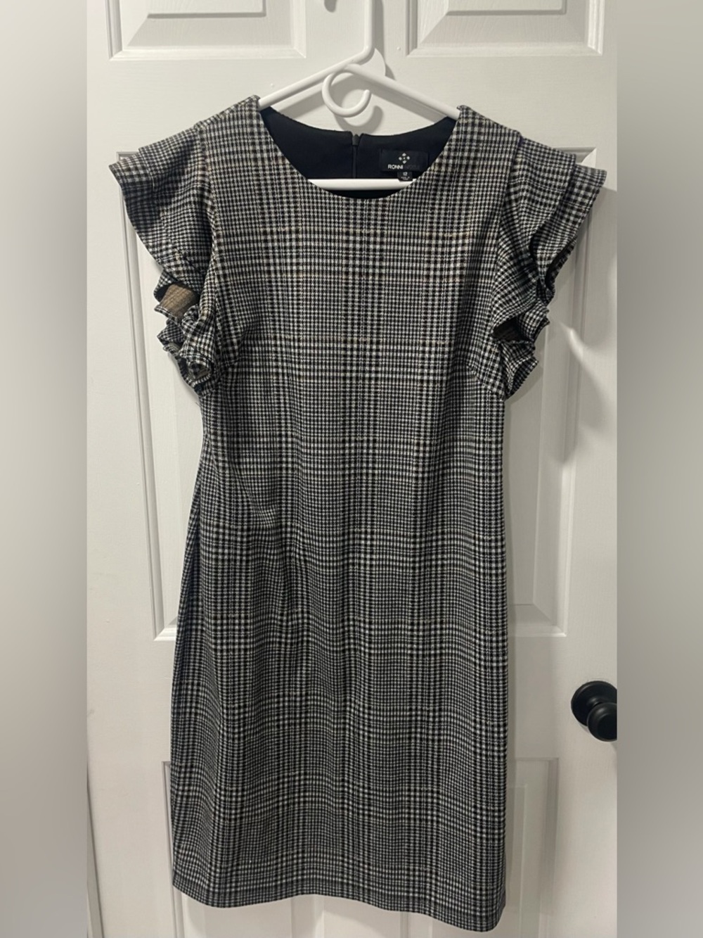Ronni Nicole Black and Beige Plaid Ruffle-Sleeve Midi Dress - Size 12